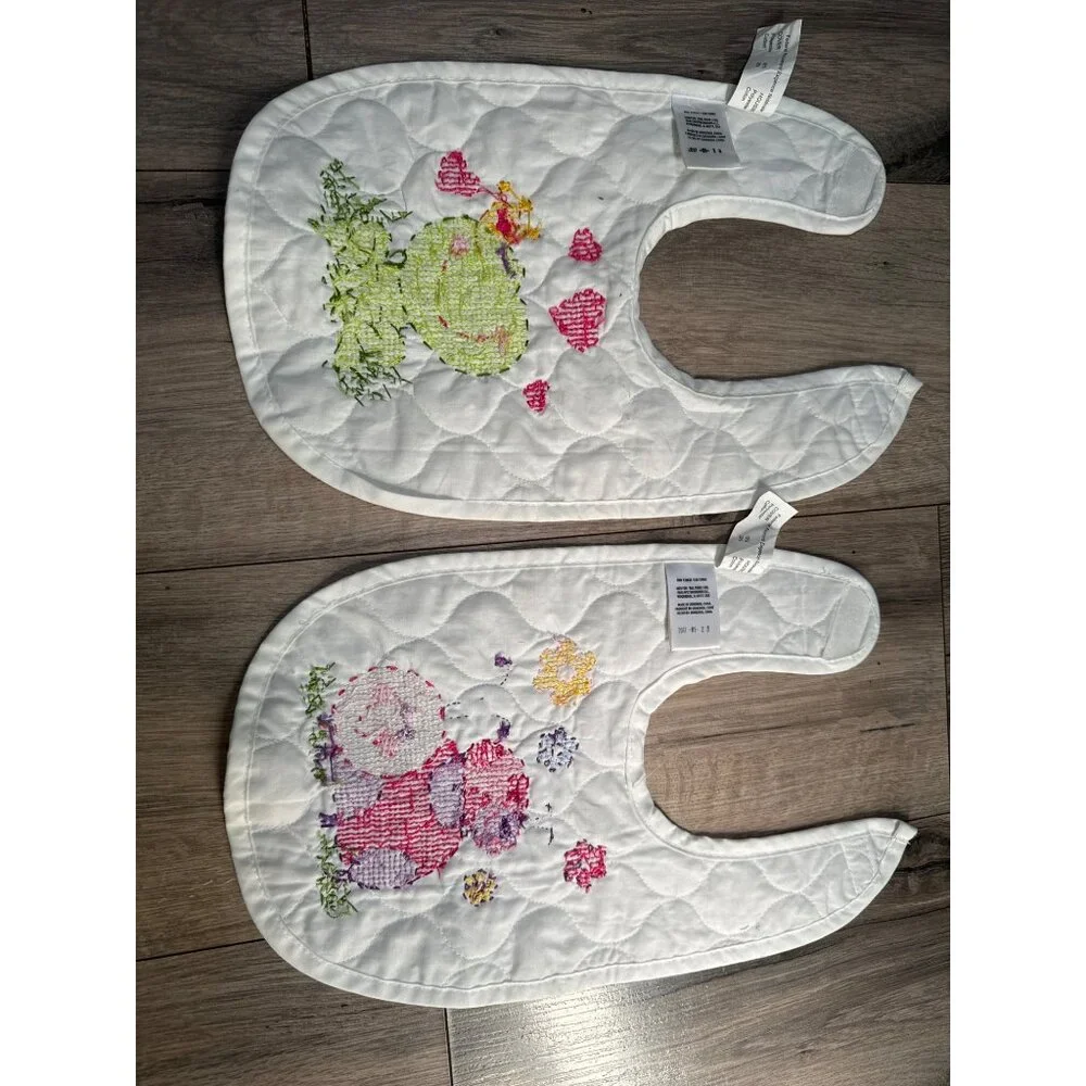 Set Of 2 Handmade Embroidered Baby Bibs With Frog & Ladybug Designs